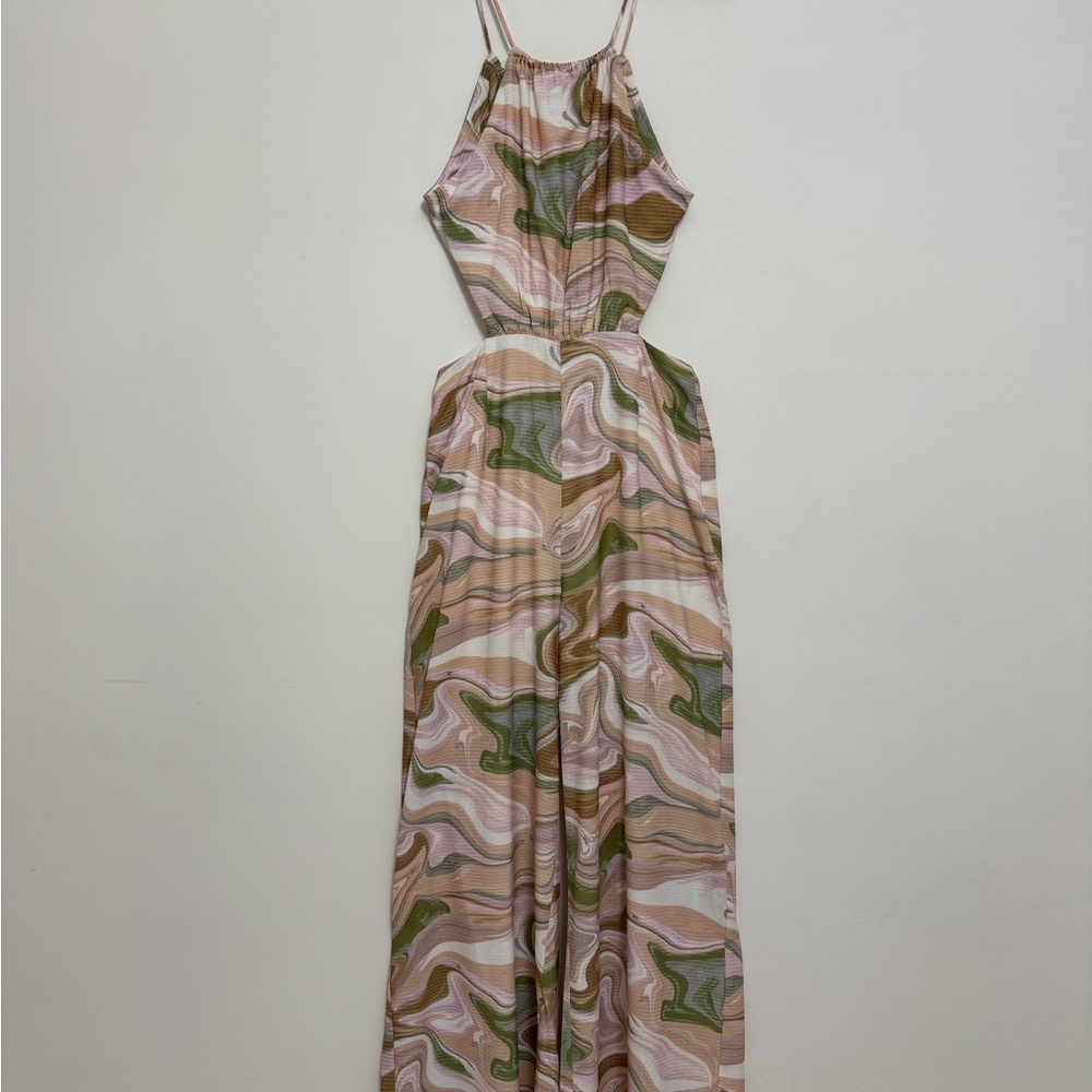 Lush Brown and Green Swirl Print Halter Open Back Jumpsuit in Strawberry Matcha
